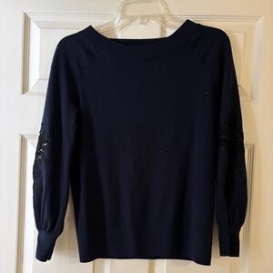 Loft navy sweater with lace sleeve detail